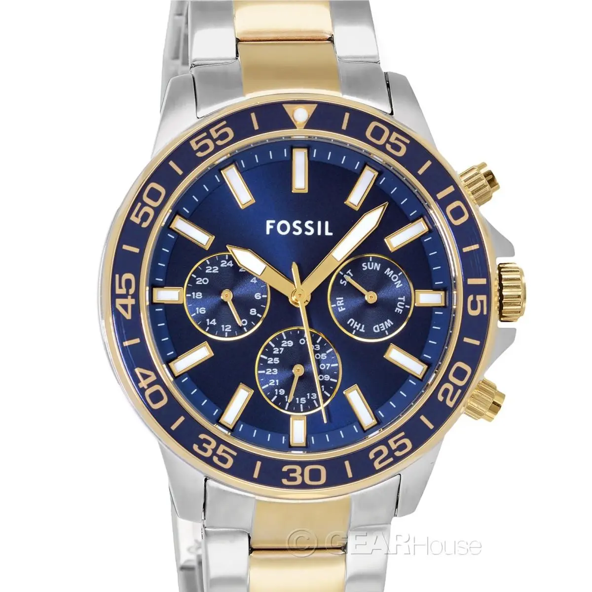 Fossil Bannon Mens Two-tone Watch Blue Dial Silver Gold Stainless Steel Band