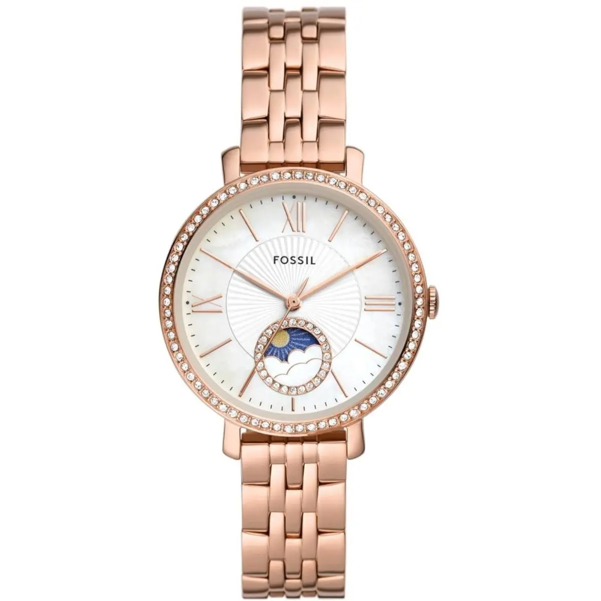 Fossil Women`s Watch Jacqueline Sun Moon White Mop Dial Rose Gold Case ES5165 - Dial: White, Mother of Pearl, Band: Rose