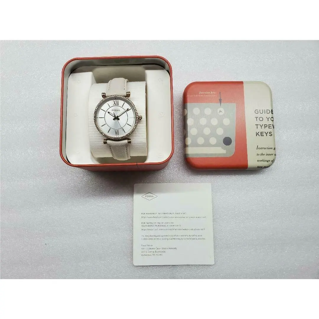 Fossil Carlie Silver Dial Crystals White Leather Strap Ladies Watch ES4465