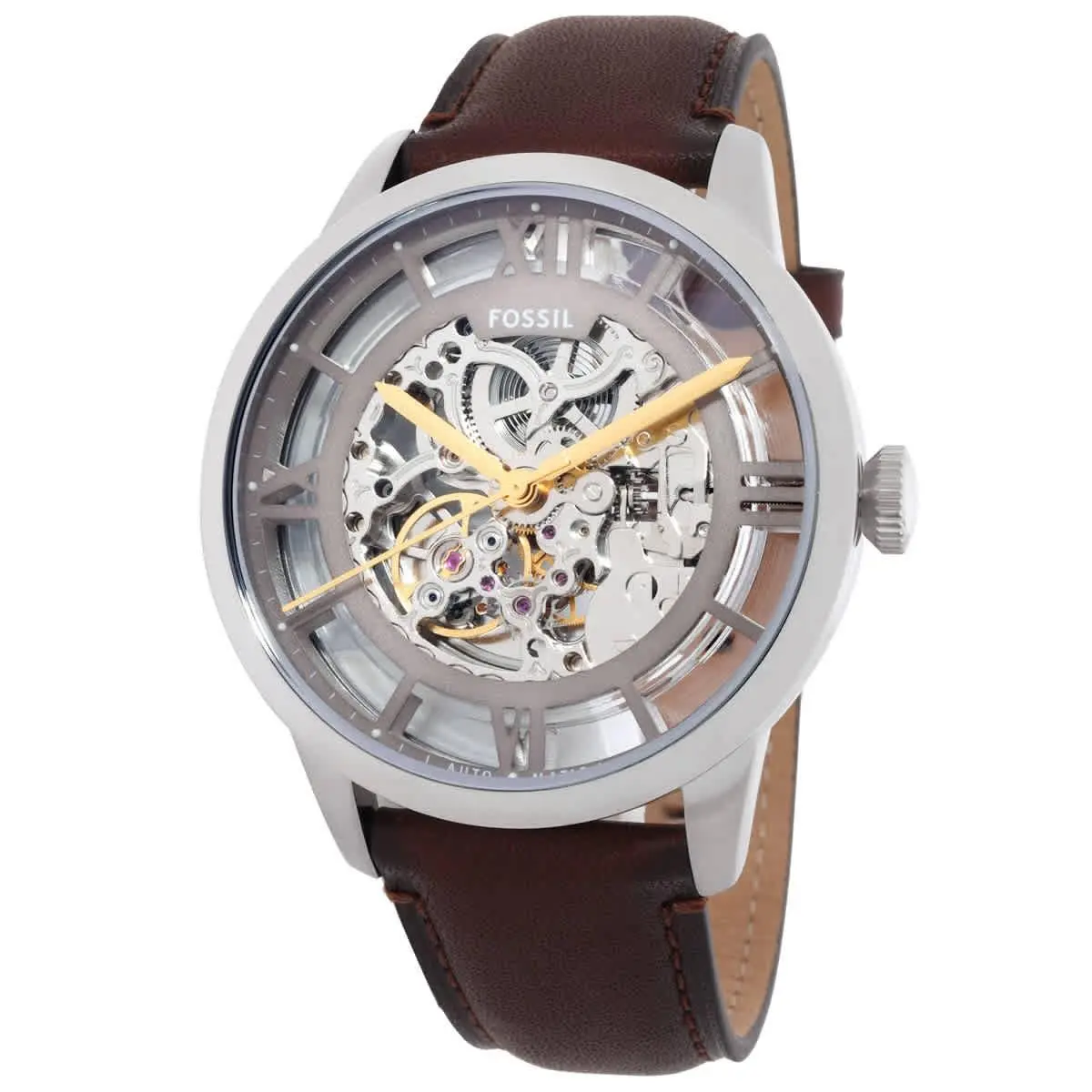 Fossil Townsman Automatic Silver Dial Watch ME3270 - Dial: Silver, Band: Brown, Bezel: Silver-tone