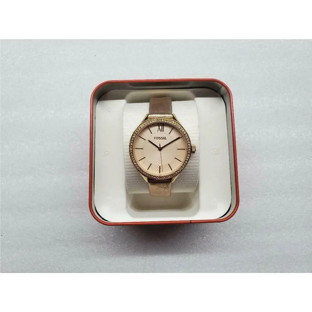 Fossil Suitor Rose Dial Crystals Rose Gold Leather Strap Ladies Watch BQ3429