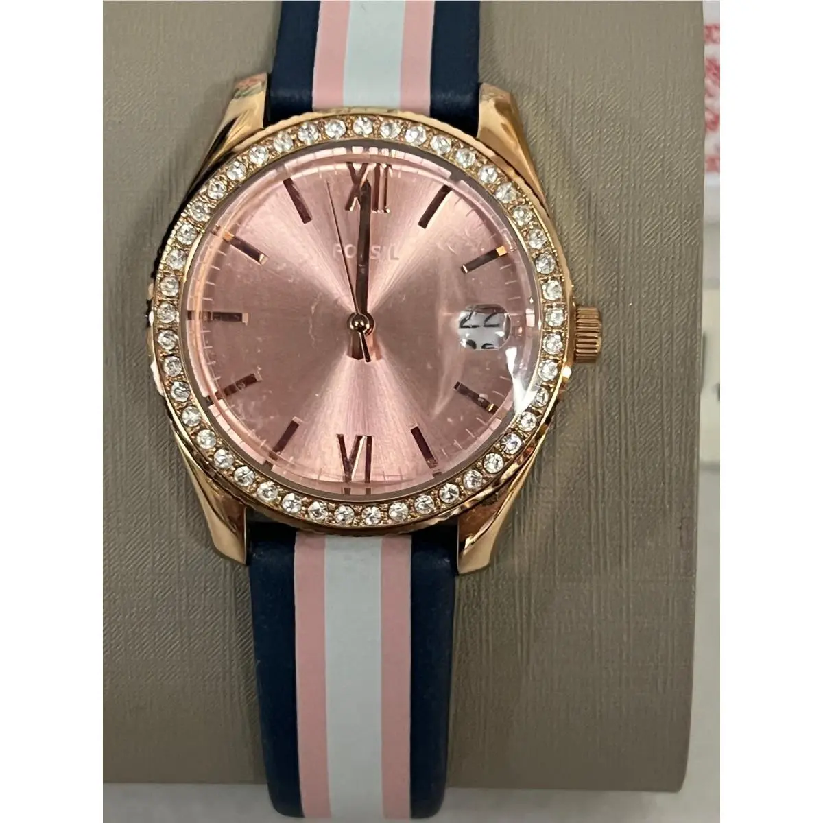 Fossil ES4595 Scarlette Three-hand Date Striped Navy Leather Watch