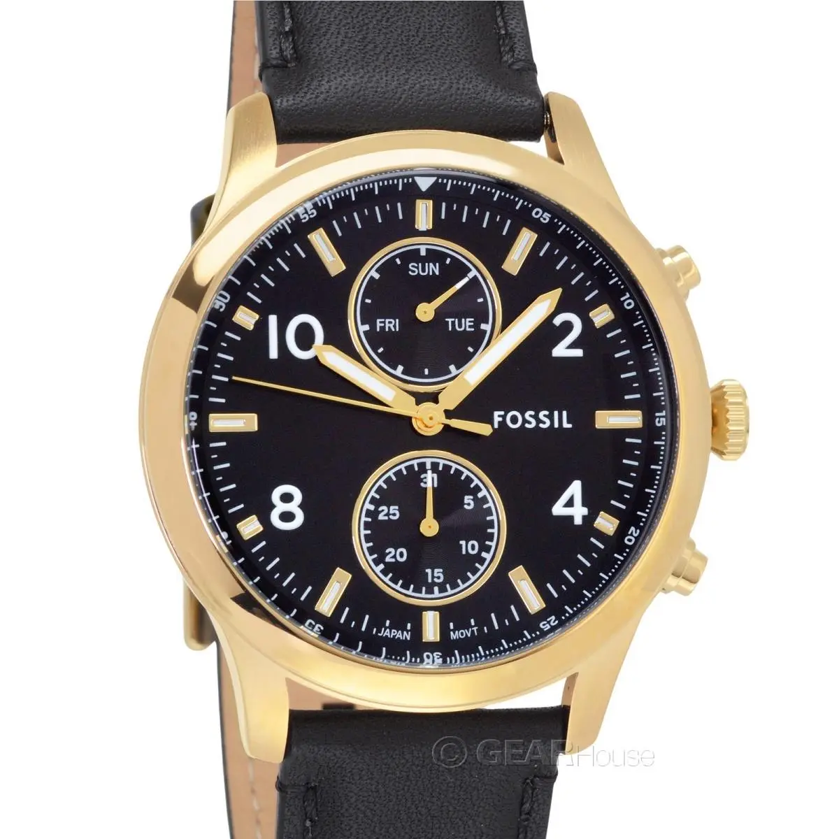 Fossil Bennett Mens Gold Multifunction Watch Black Dial Day Date Leather Band