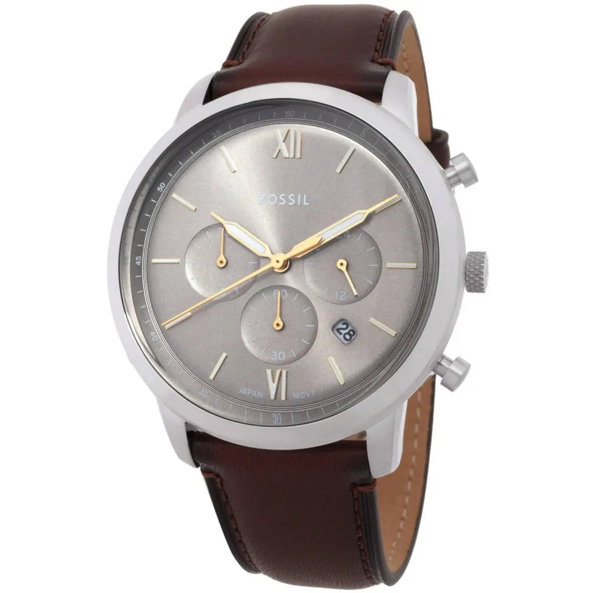 Fossil Men`s Watch Neutra Quartz Chrono Grey Dial Brown Leather Strap FS6129