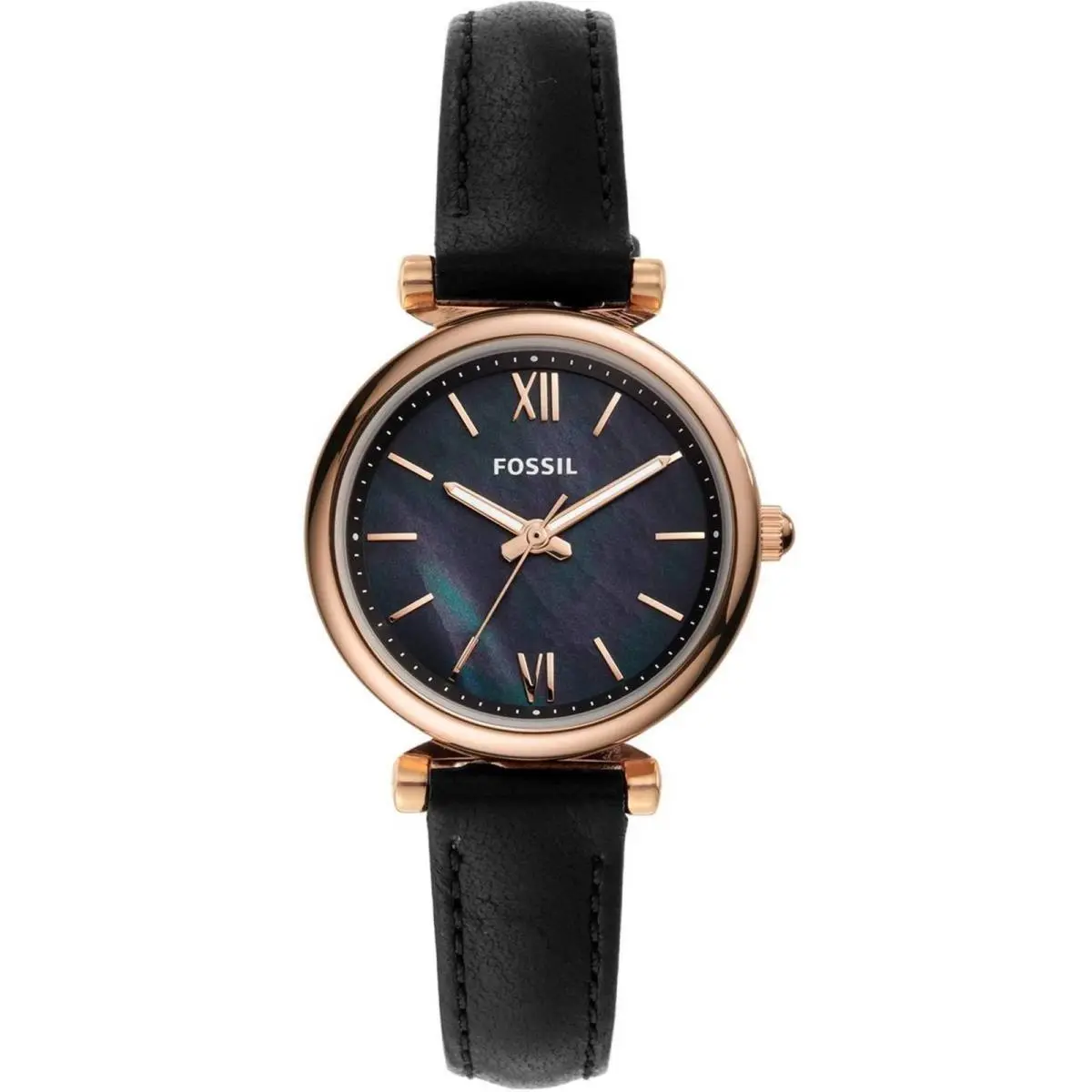 Fossil Women`s Watch Carlie Mini Navy Blue Mop Dial Black Leather Strap ES4700 - Dial: Navy Blue, Mother of Pearl, Band: Black