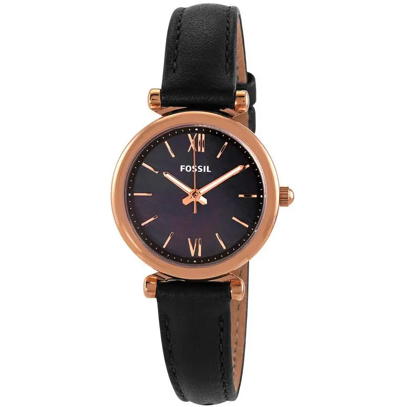 Fossil Carlie Mini Black Mother of Pearl/black Leather 28MM Women`s Watch ES4700 - Dial: Black Mother of Pearl, Band: Black, Bezel: Rose Gold