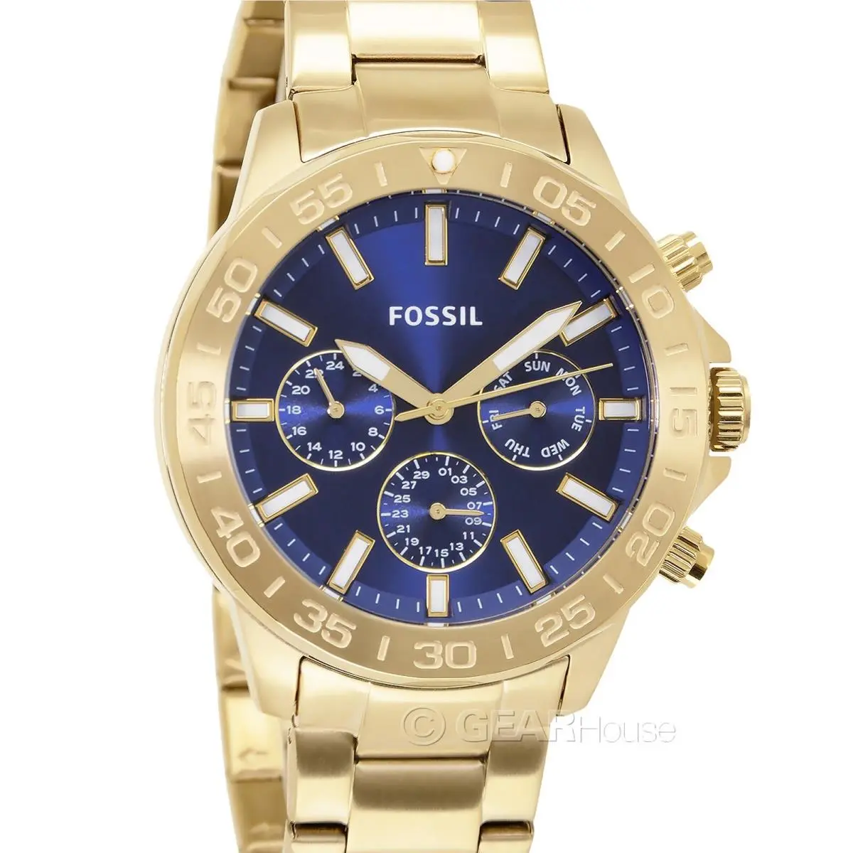Fossil Bannon Mens Gold Multifunction Watch Blue Dial Date Stainless Steel Band