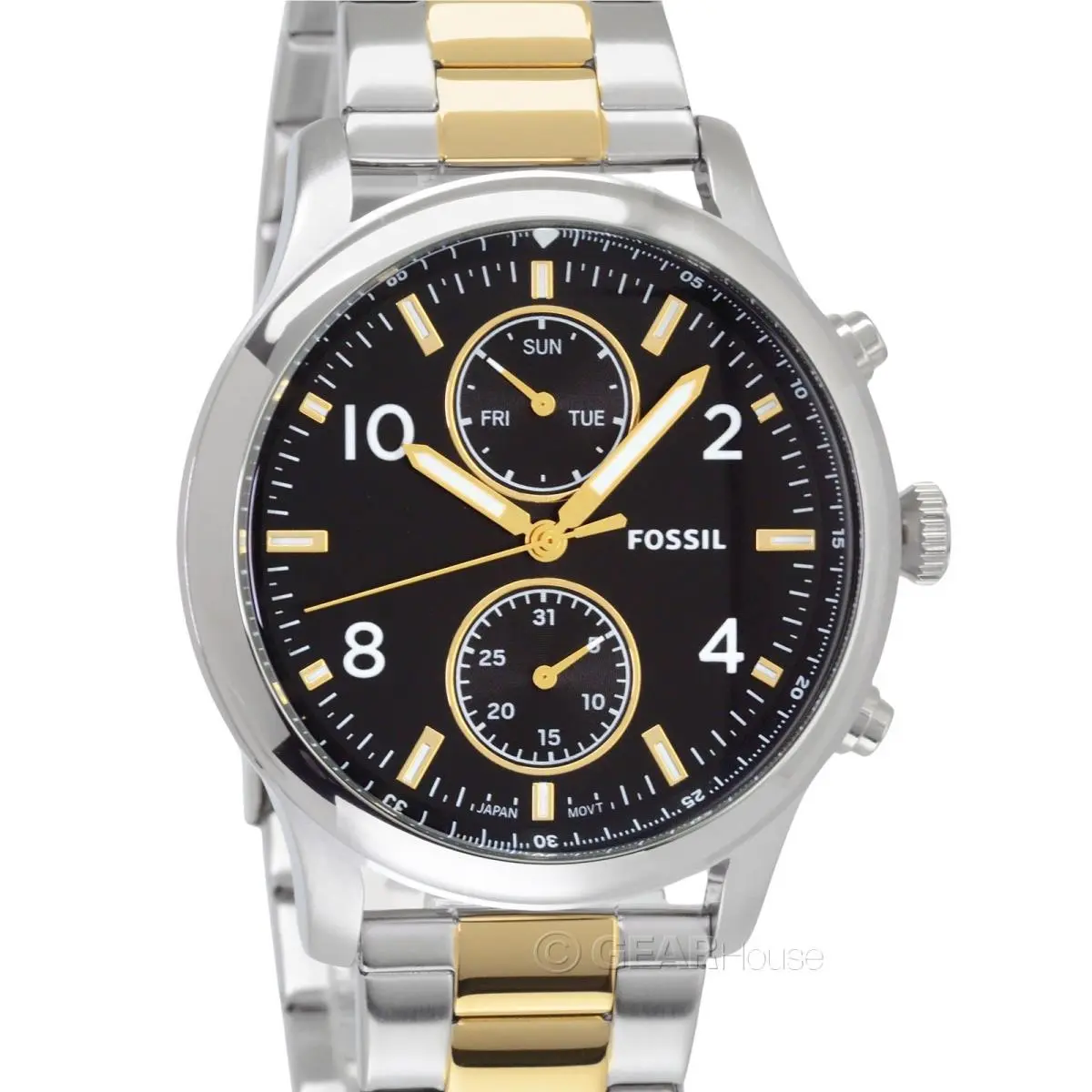Fossil Bennett Mens Multifunction Watch Gold Black Two-tone Stainless Steel Band