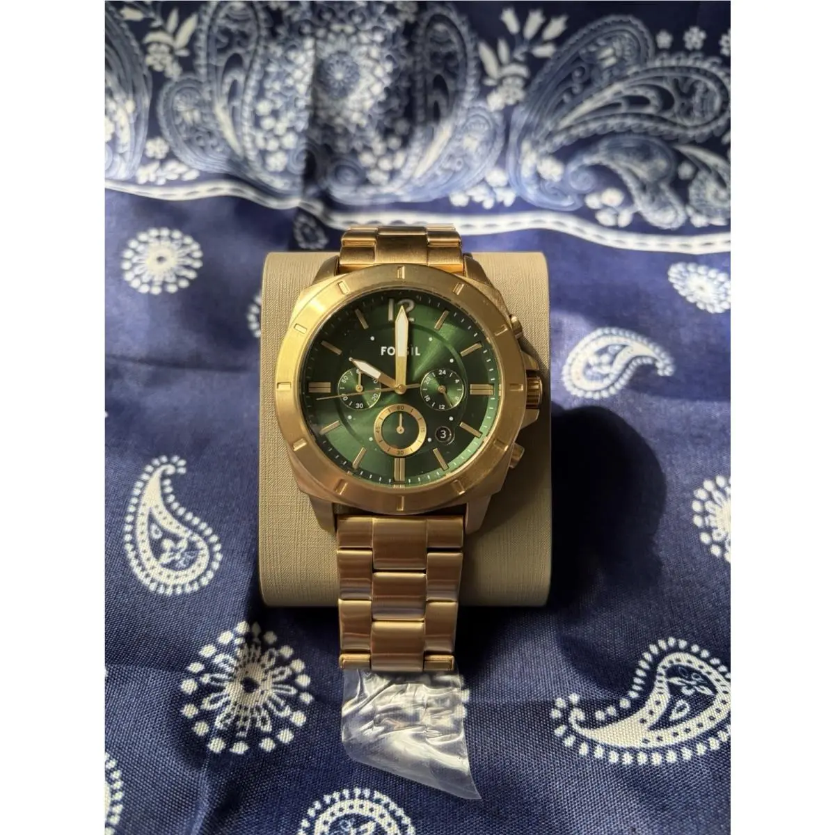 Fossil Men`s Quartz Wristwatch Green Dial Gold Steel Bracelet 44mm Box