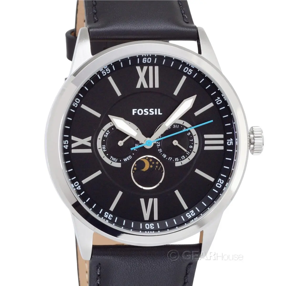 Fossil Flynn Mens Multifunction Watch Black Dial Day Date Moon Sun Leather Band