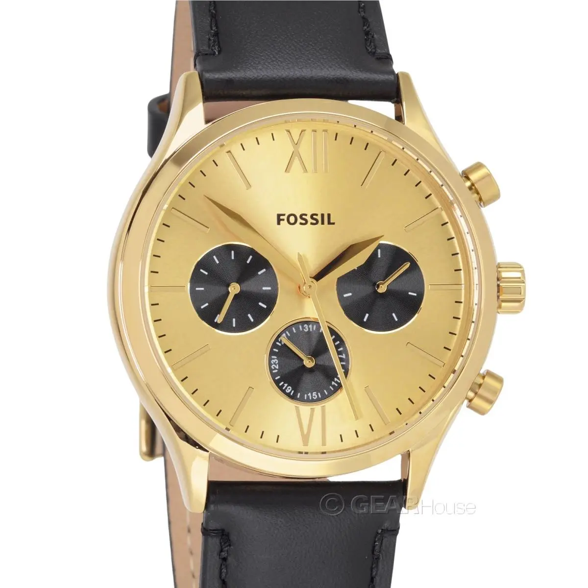 Fossil Fenmore Mens Multifunction Watch Gold Black Dial Day Date Leather Band