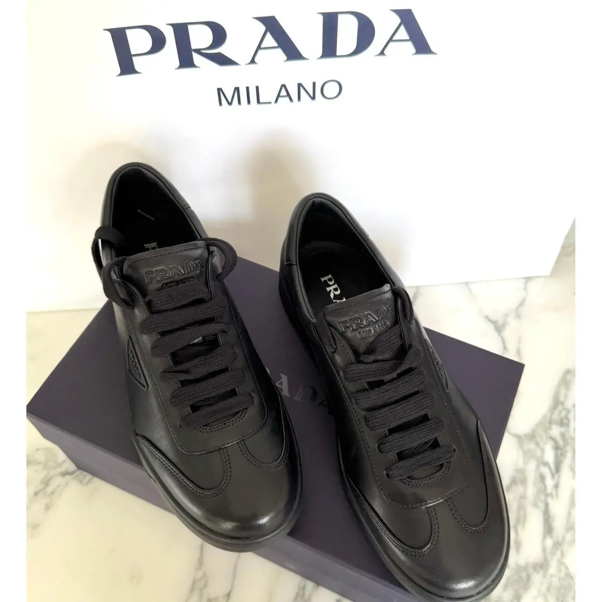 Prada 2EG480 Black Leather Sneakers Shoes - - US 12 UK 11