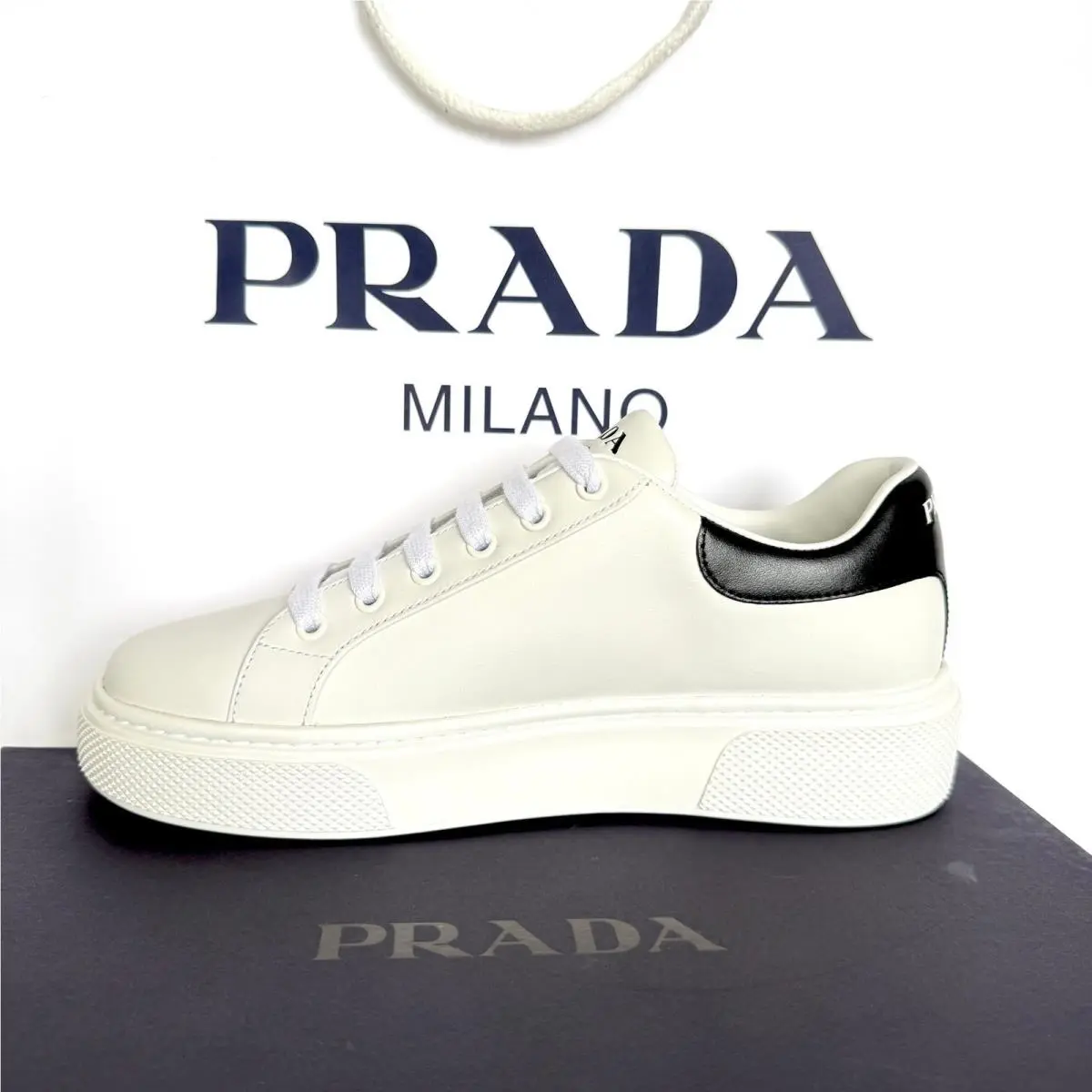 Prada 1E621M Womens Macro Logo White Leather Low Top Sneakers Shoes Eur 37.5