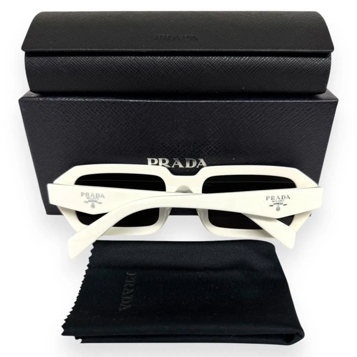 Prada Sunglasses Spr A12F 17K-08Z Polished Creamy White Silver Logo with Case