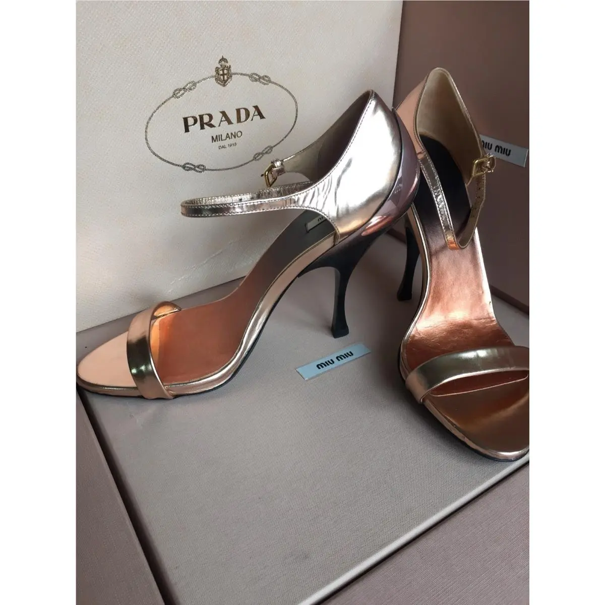 Prada Miu Miu Shiny Metallic Rose High Heels Open Toe Size 39 Women Shoes