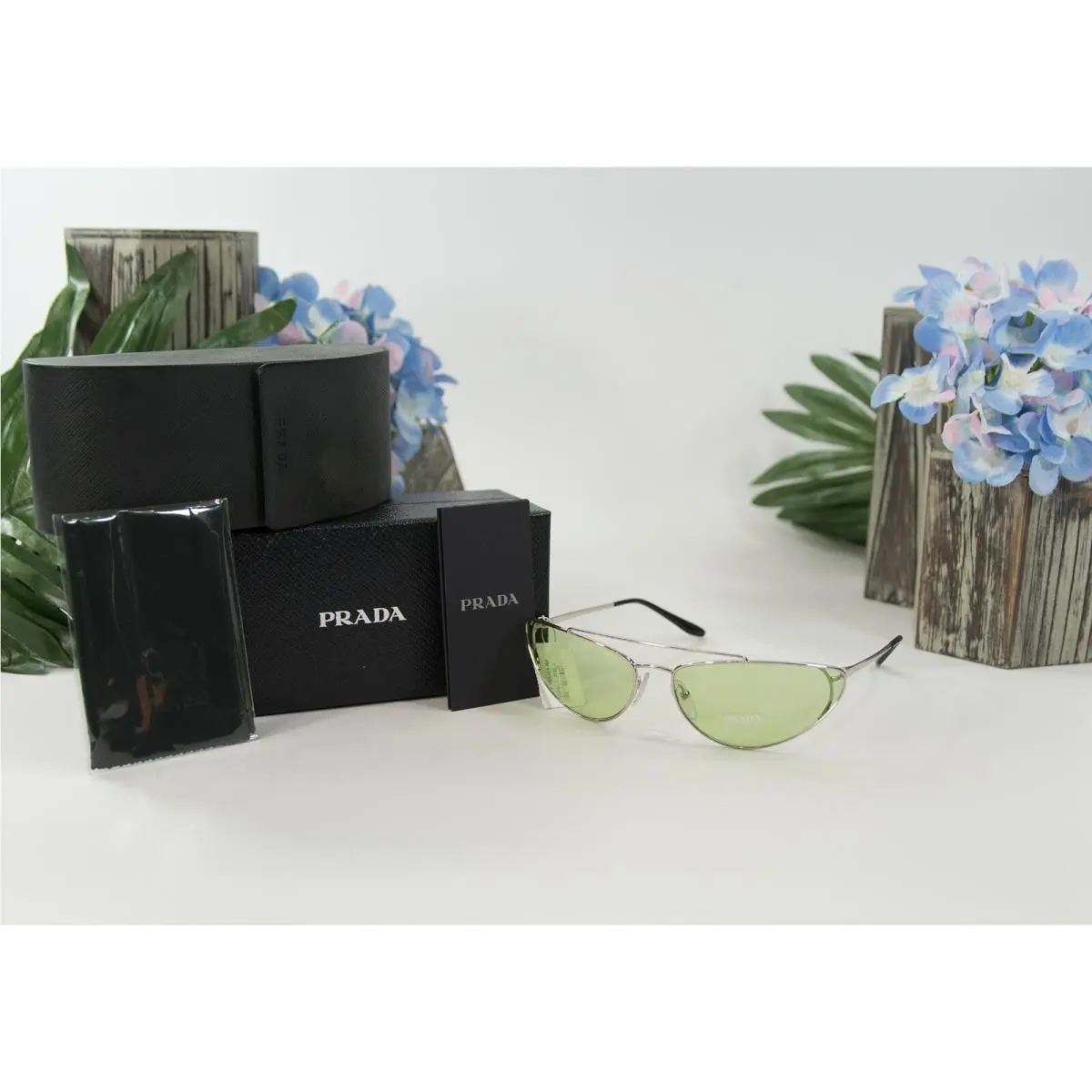 Prada 62VS66 Silver Green Polarized Metal Aviator Logo Sunglasses Case