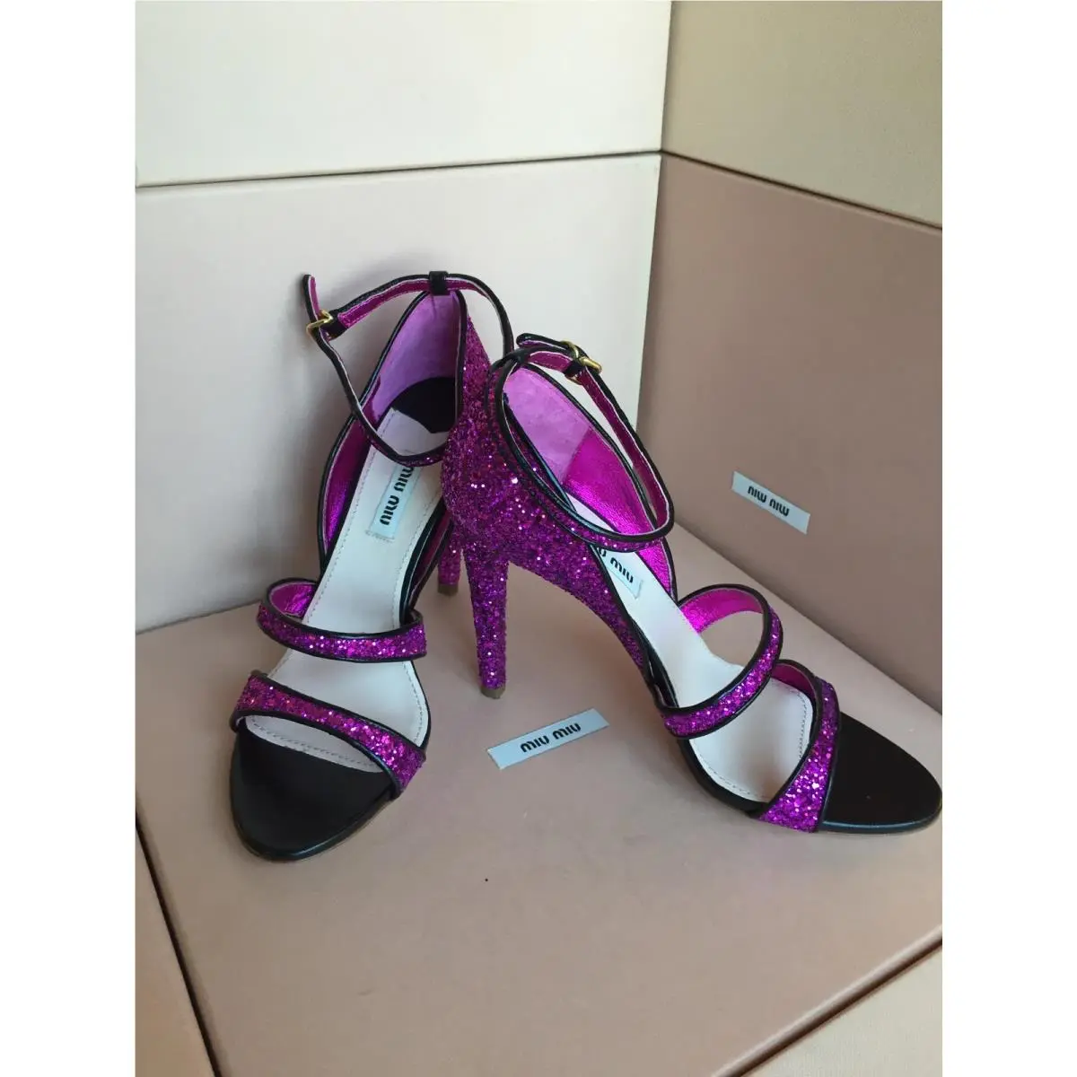Prada Women`s Shoes Sandels Open Toe Fuchsia Glitter Heels 39