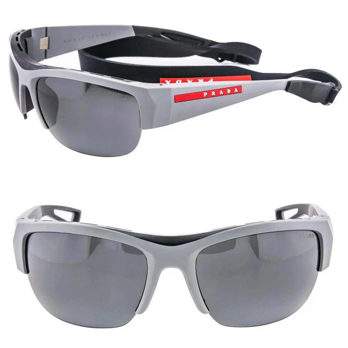 Prada A01 Linea Rossa Sport Gray Silver Mirror Sunglass Neoprene Strap PSA01S