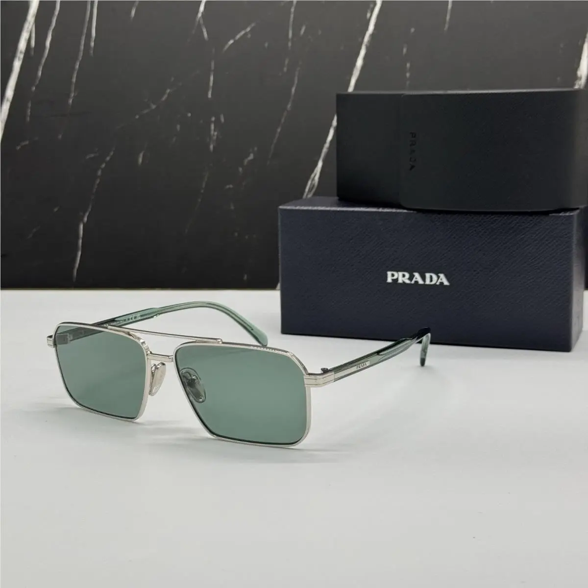 Prada PRA57S 1BC10G Unisex Square Silver Green Sunglasses
