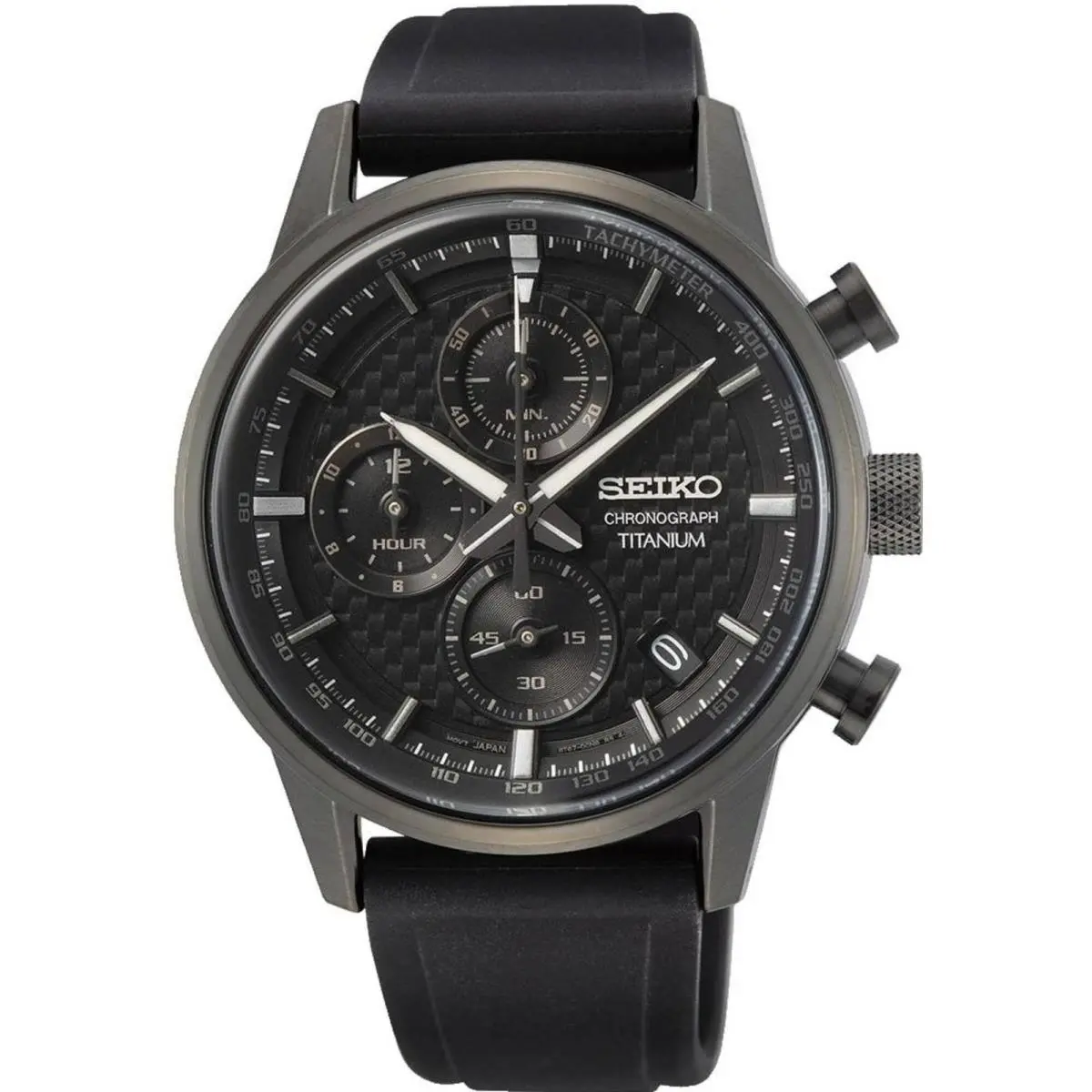 Seiko Men`s Watch Quartz Chronograph Black Dial Silicone Strap Titanium SSB393P1