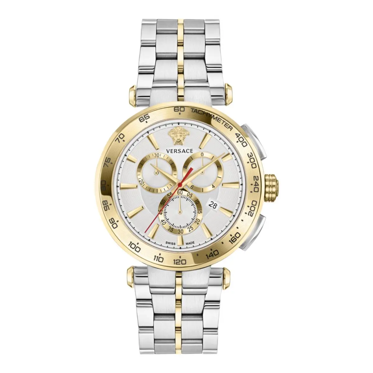 Versace Mens Two Tone 45mm Bracelet Fashion Watch - Dial: Silver, Band: Silver, Bezel: Gold
