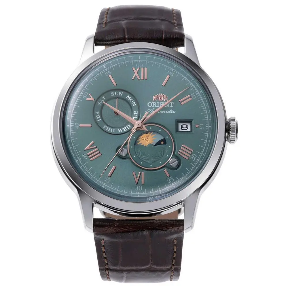 Orient Bambino Sun & Moon Men`s Bambino Sun Moon Green Dial Automatic 42mm Watch RA-AK0805E - Dial: Green, Band: Black, Bezel: Silver-Tone