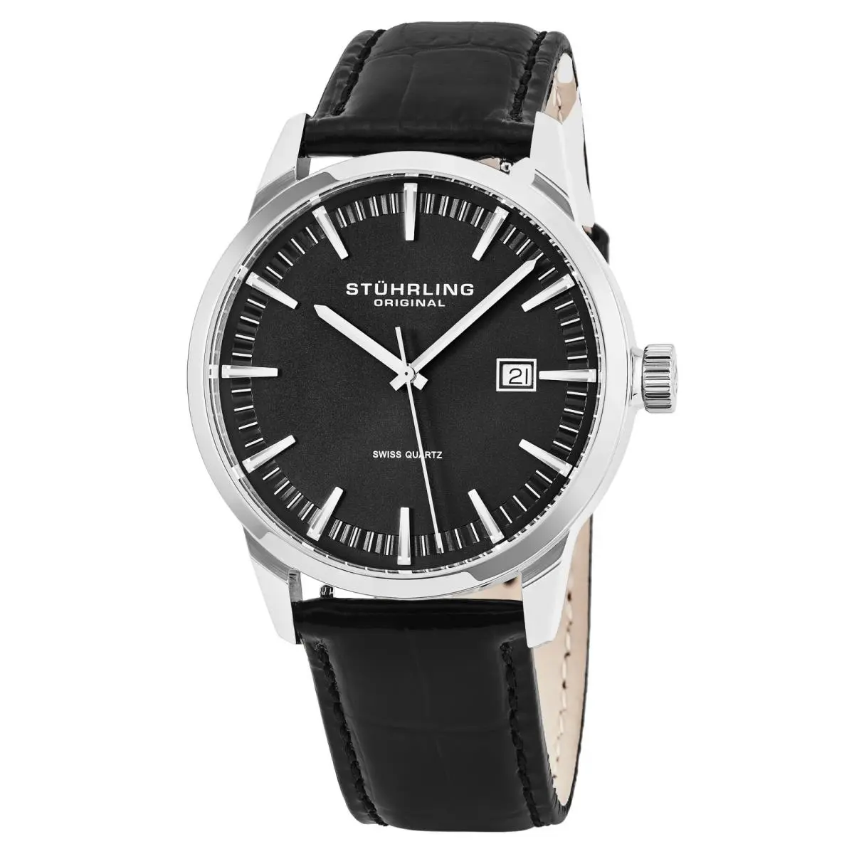 Stuhrling 555A 01 Classic Ascot Black Leather Strap Mens Watch