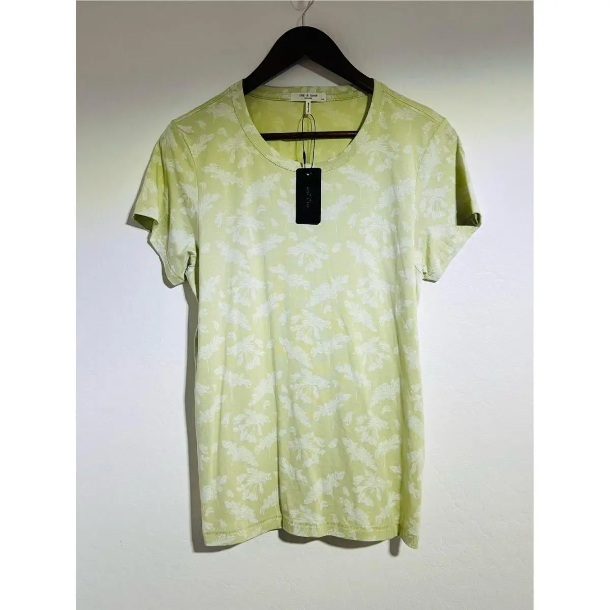 Rag Bone Women`s Floral Print Short Sleeve Tee Lime Green Large