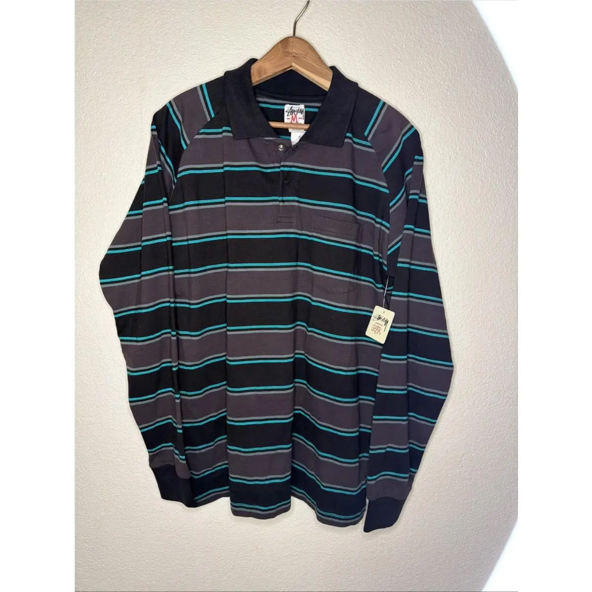 Stussy White Tag Raglan Long Sleeve Striped Polo Shirt Size M Gray x Turq