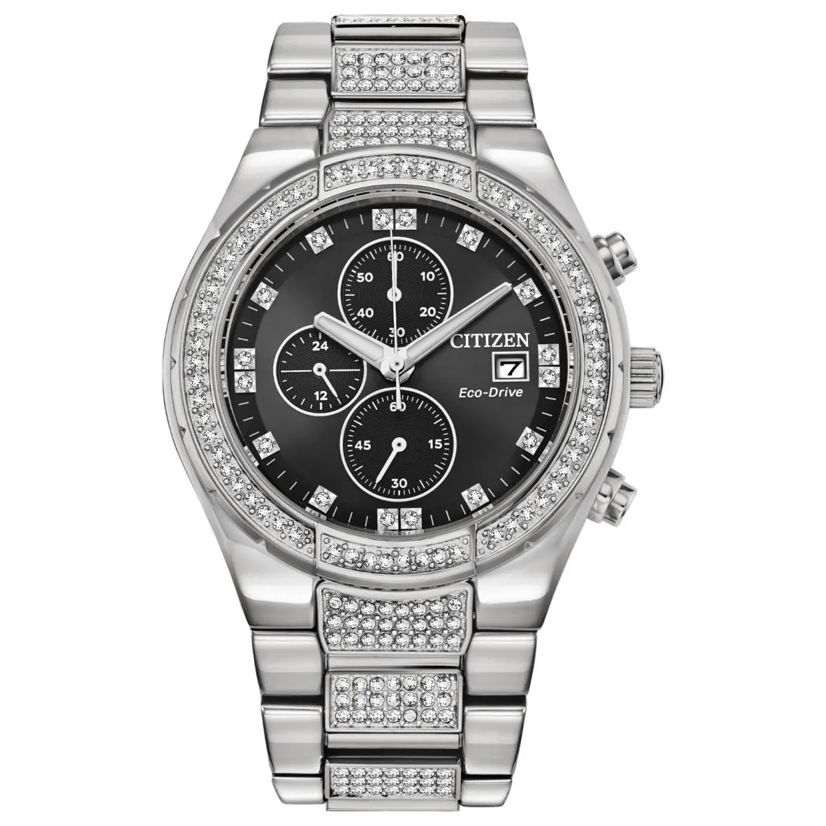 Citizen CA0750-53E Eco-drive Chronograph Black Dial Crystal Accented Mens Watch