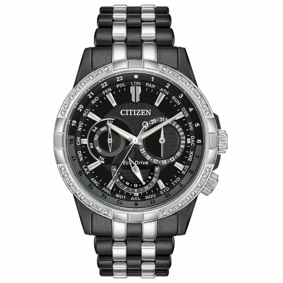 Citizen Calendrier BU2088-50E Eco-drive World Time Day/date Diamond Men`s Watch - Dial: Black, Band: Black, Silver, Bezel: Silver