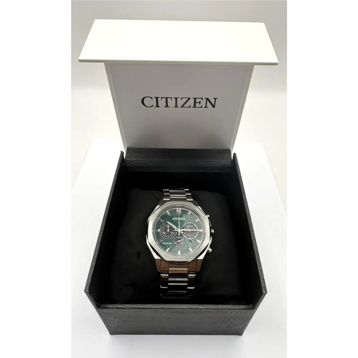 Citizen Men`s Watch Eco-drive Chronograph Green Dial Steel Bracelet CP3017783