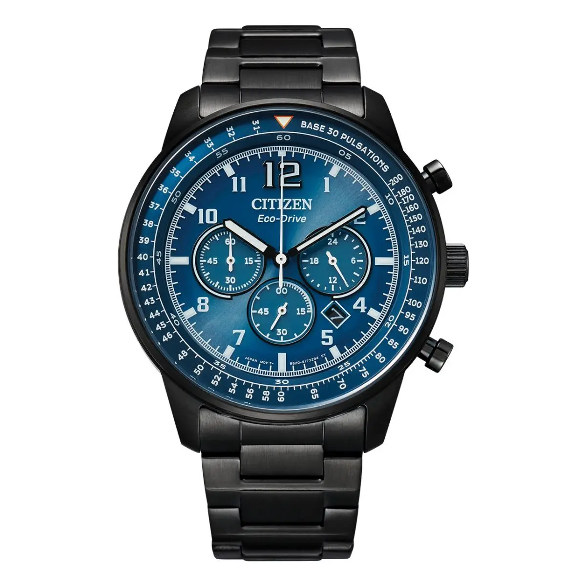 Citizen Eco-drive Chronograph Blue Dial 44MM Black IP Men`s Watch CA4505-80L