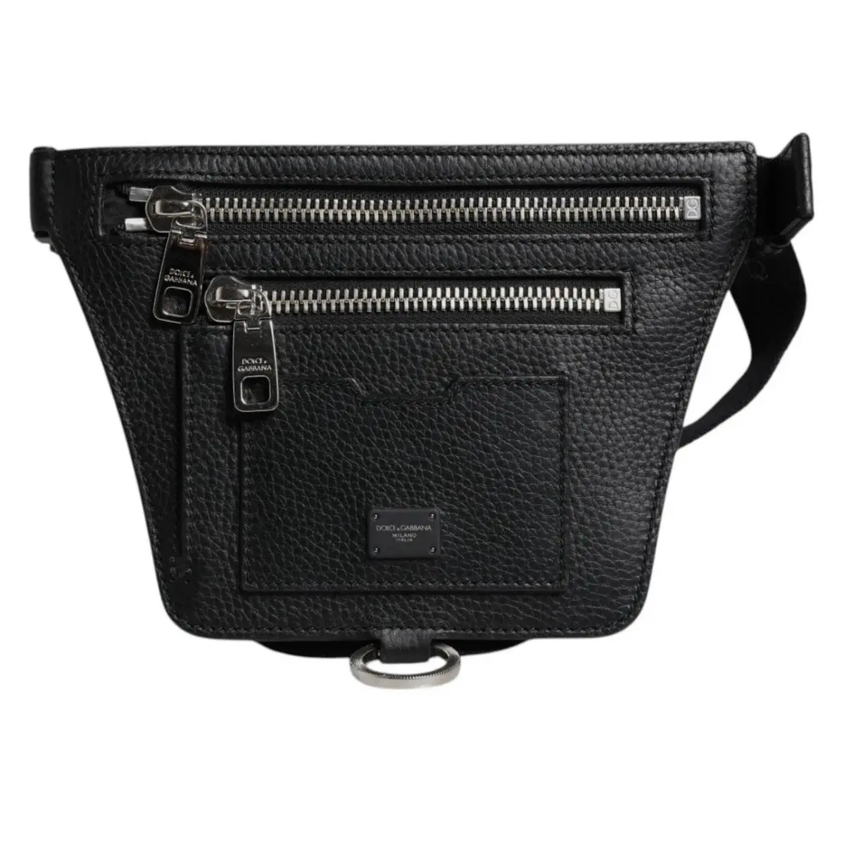 Dolce Gabbana Bag Black Calfskin Logo Plaque Belt Waist Fanny Pack