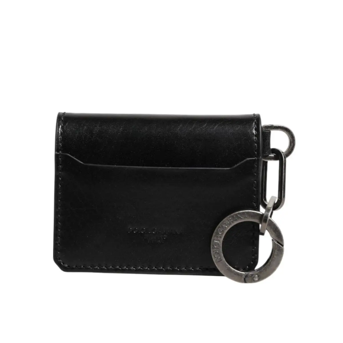 Dolce Gabbana Wallet Black Leather Logo Embossed Key Chain Card Holder Wallet