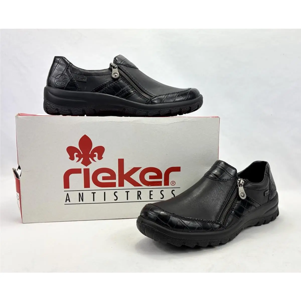 Rieker L7166-00 Leather Walking Shoes Waterproof Side Zipper Black Women 9