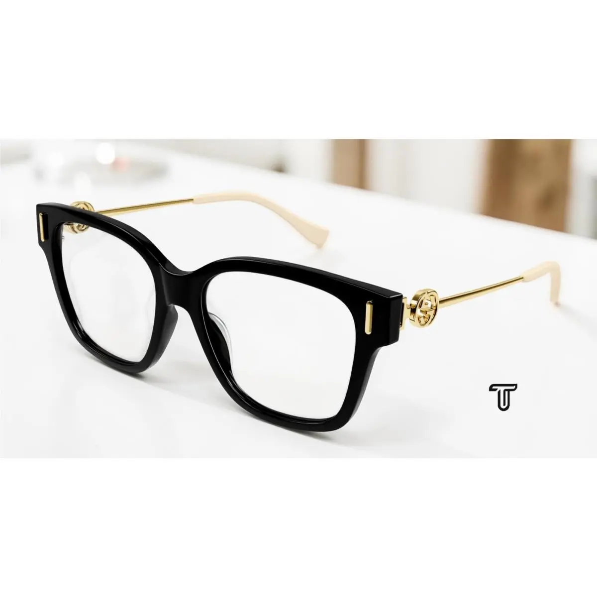 GG1204O 001 Rectangular Squared Acetate Black Gold 55mm Womens Eyeglasses by Gucci