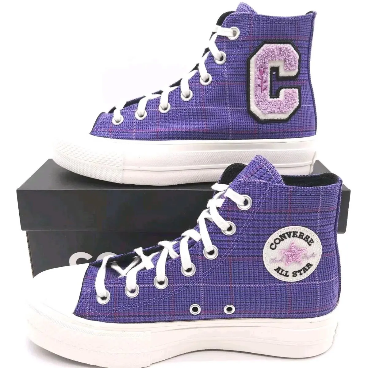 Converse Womens 7.5 Chuck Taylor Star Lift Hi Shoes Plaid Preppy Retro Sneaker