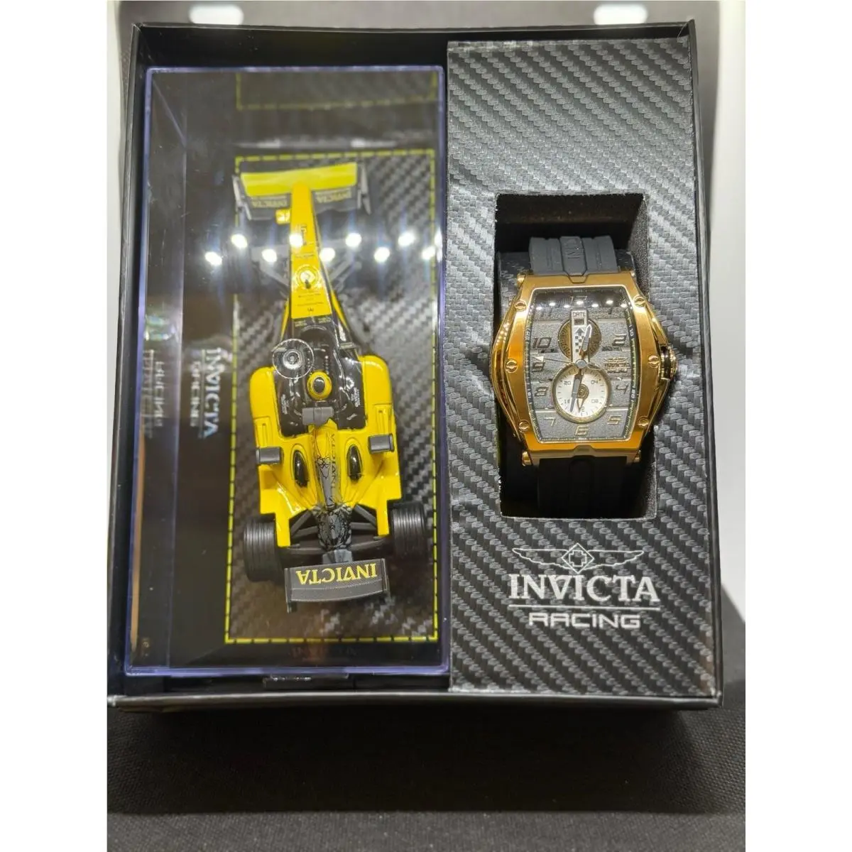 Invicta Racing Diablo 47386 57mm Gold Tone Watch with Car Bundle - Dial: Gray, Band: Black, Bezel: Gold