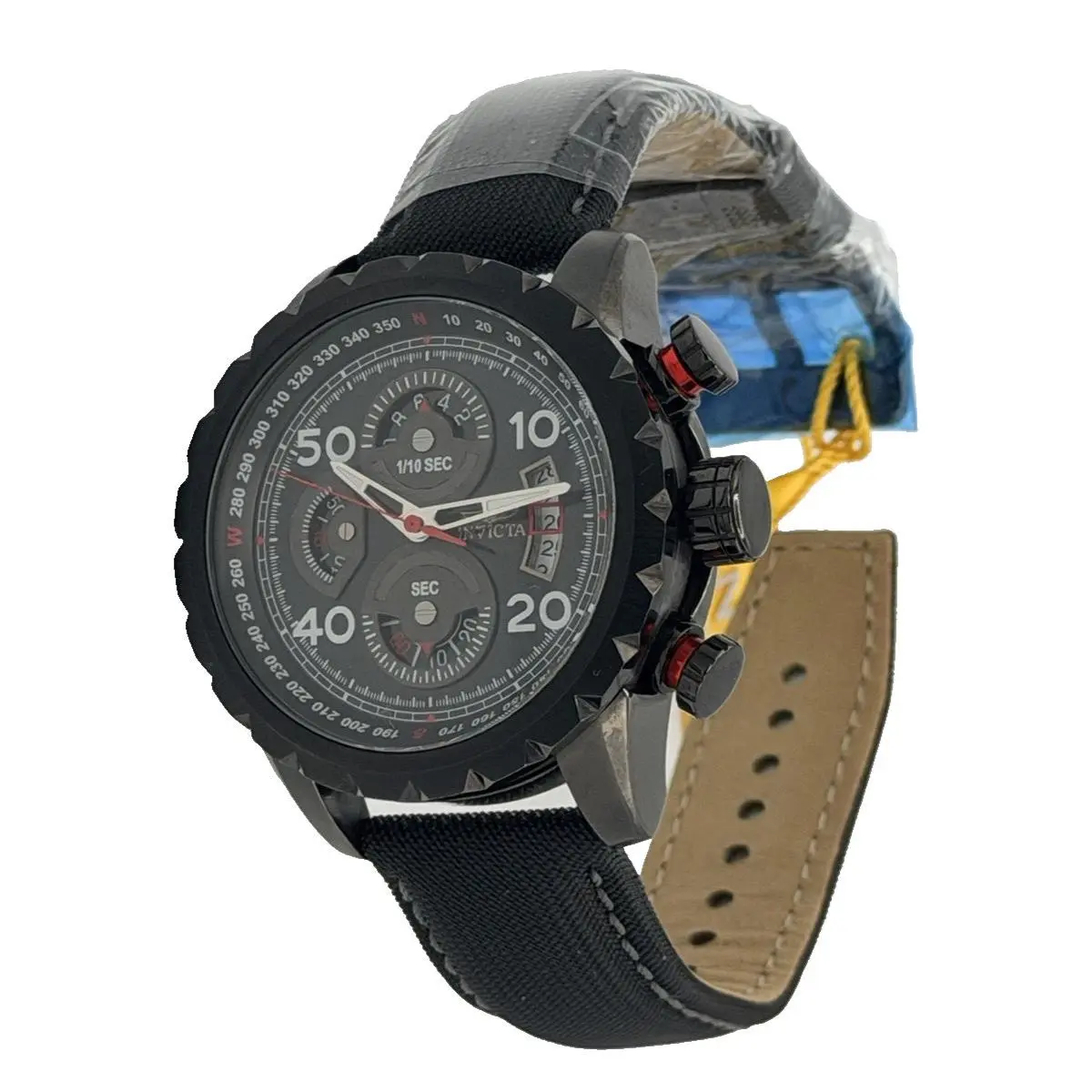 Invicta Aviator Chronograph Mens Watch Black Dial Black Ballistic Band 48mm Case