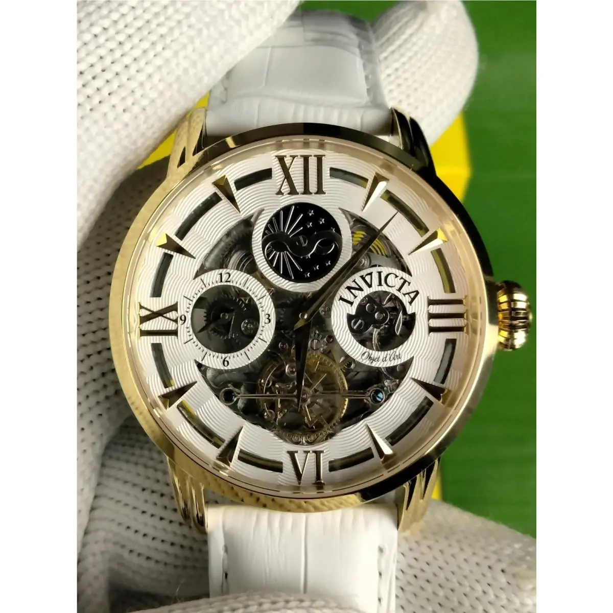 Invicta Objet D Art 22652 Automatic 22 Jewel Gold White Leather Men`s Watch 47mm