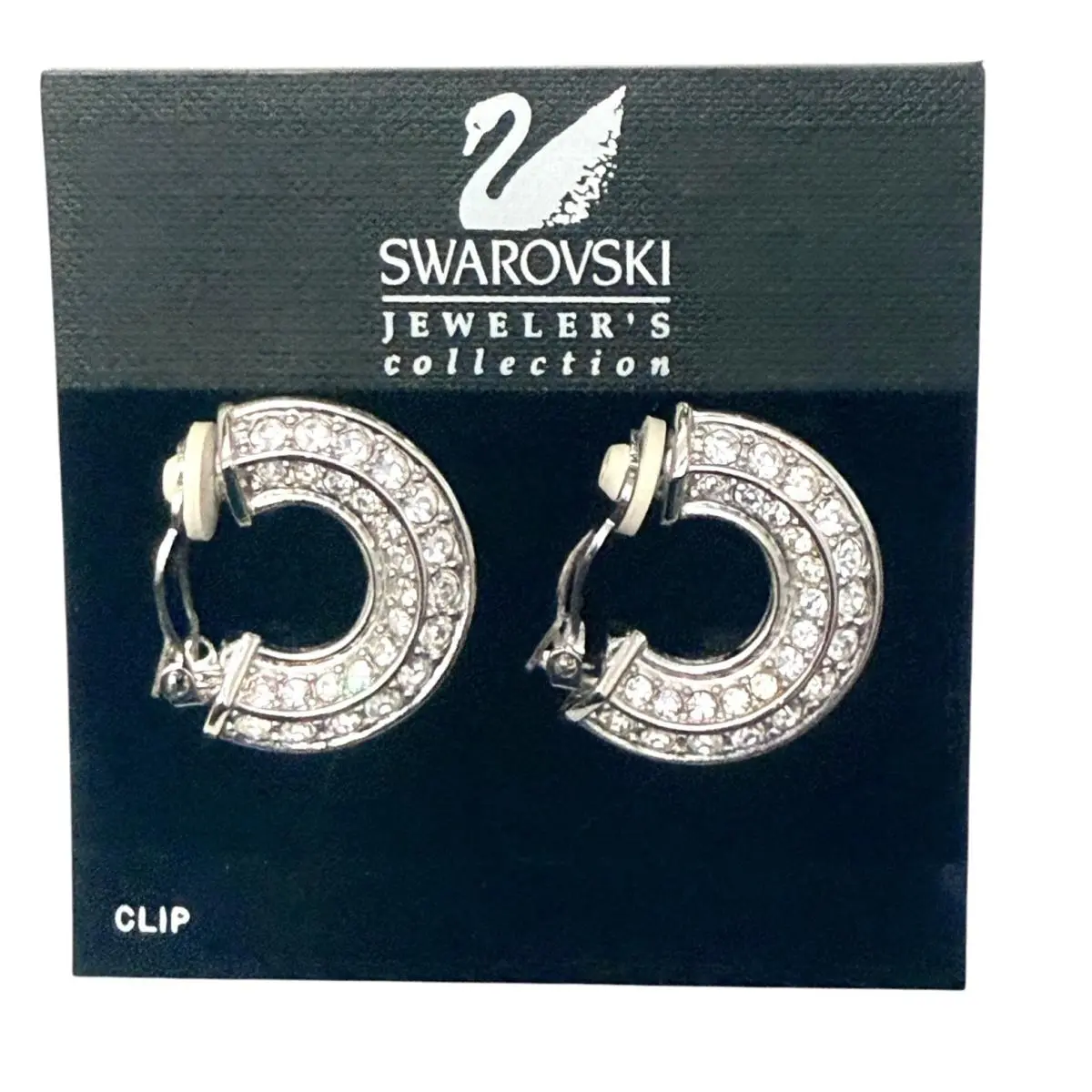Crystal Clip On Earrings Rhodium Plate Hoop Circle 1.25 Swan Logo by Swarovski