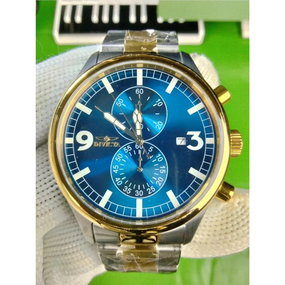 Invicta Specialty 36341 Blue Dial Gold Bezel Two Tone Men`s Watch 48 mm Quartz