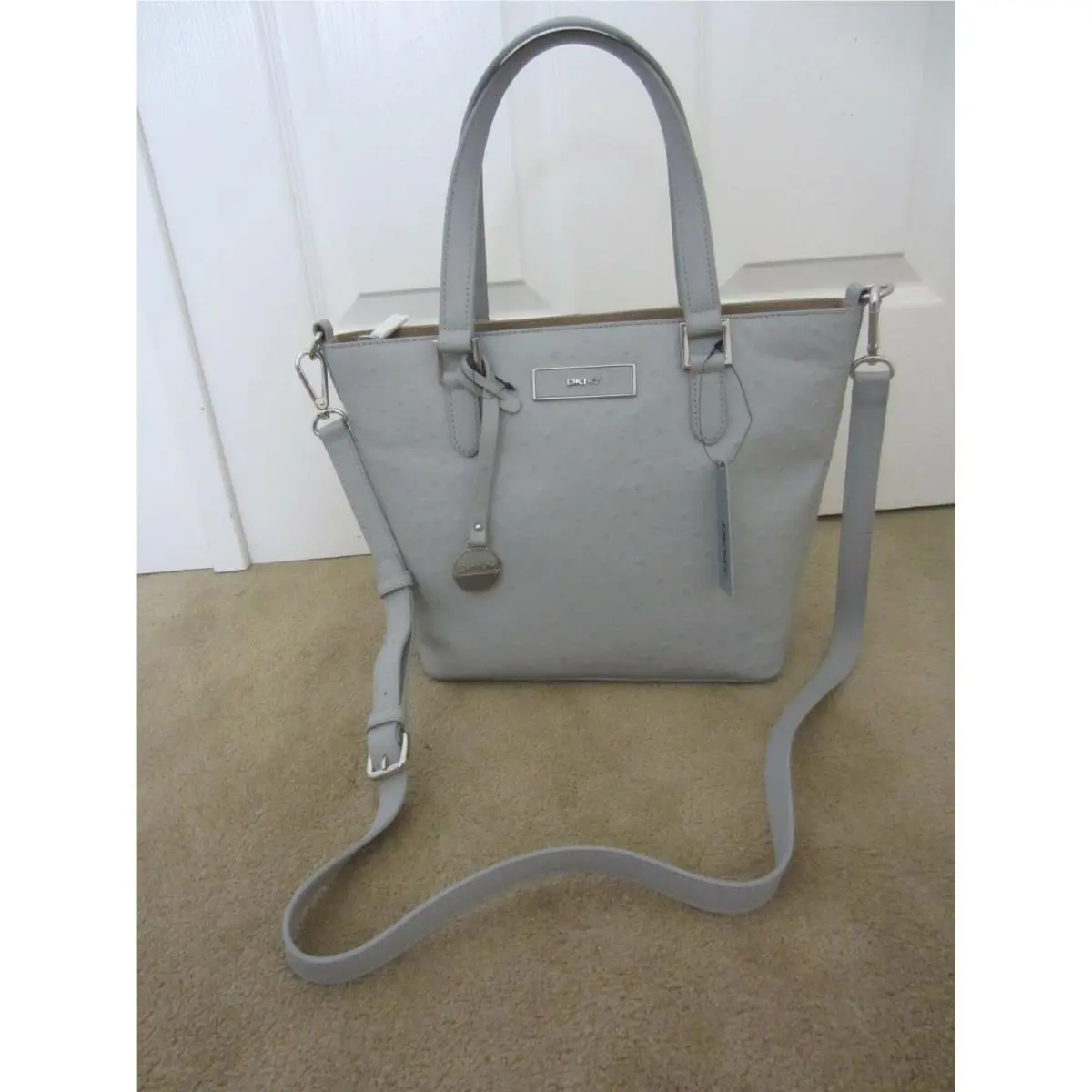 Dkny Women`s Ostrich Leather Logo Hand /shoulder Bag Light Gray