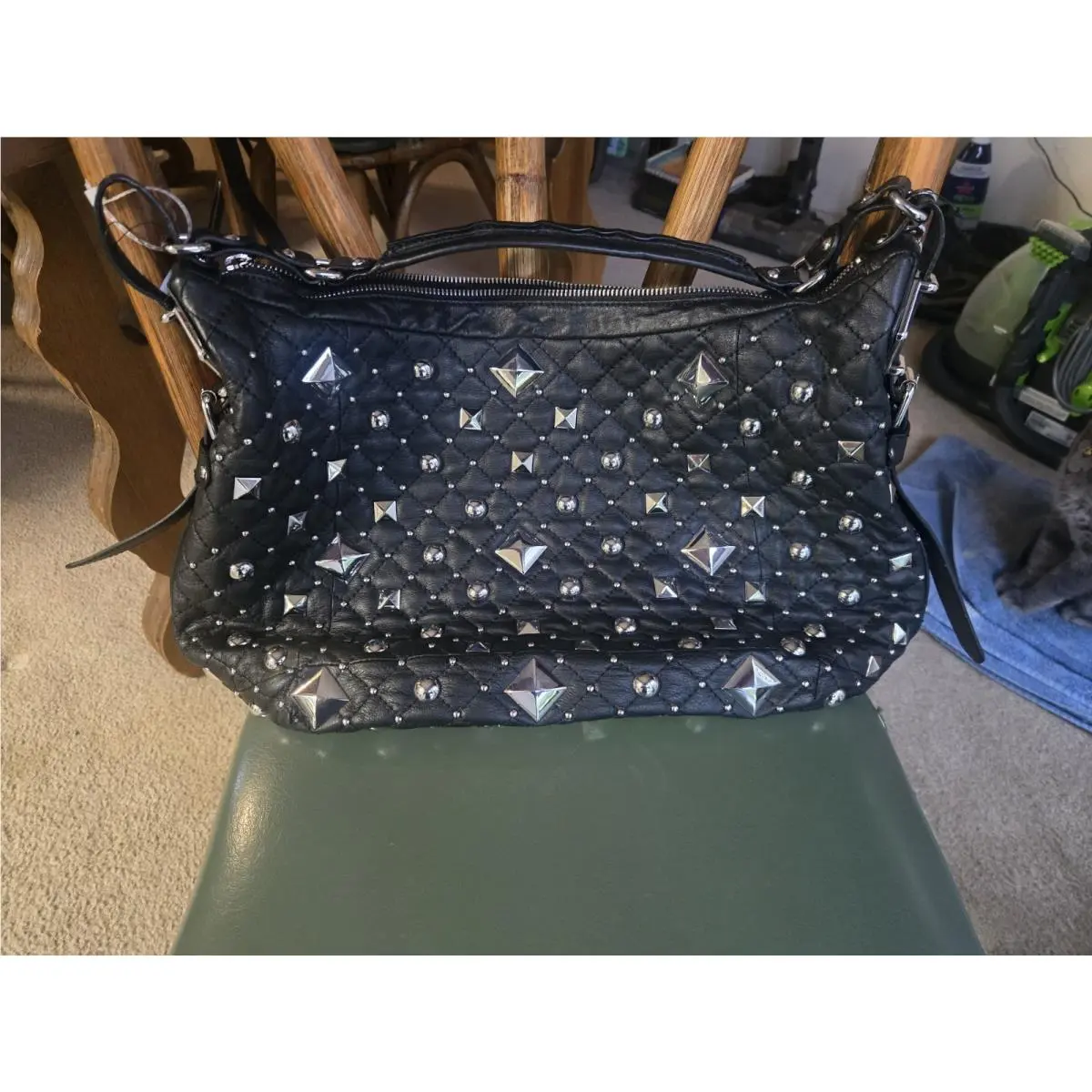 Dkny Black Hobo Bag Featuring Diamond Quilting and Metallic Stud Embellishments