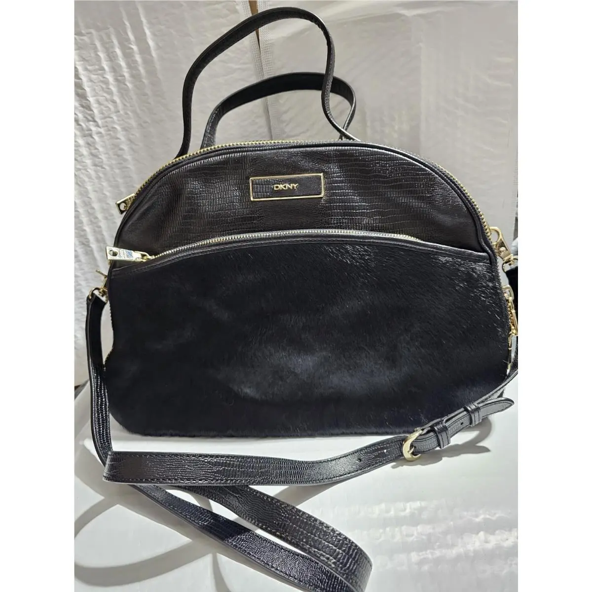 Dkny Black Hair Calf Lizard 100 % Leather Crossbody Tote Bag