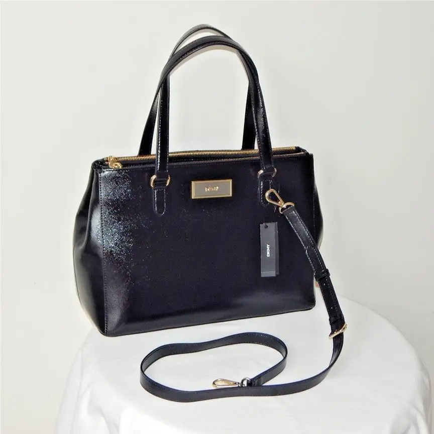 Dkny Saffiano Leather Black Zipper Top Three Compartments Large Satchel Bag