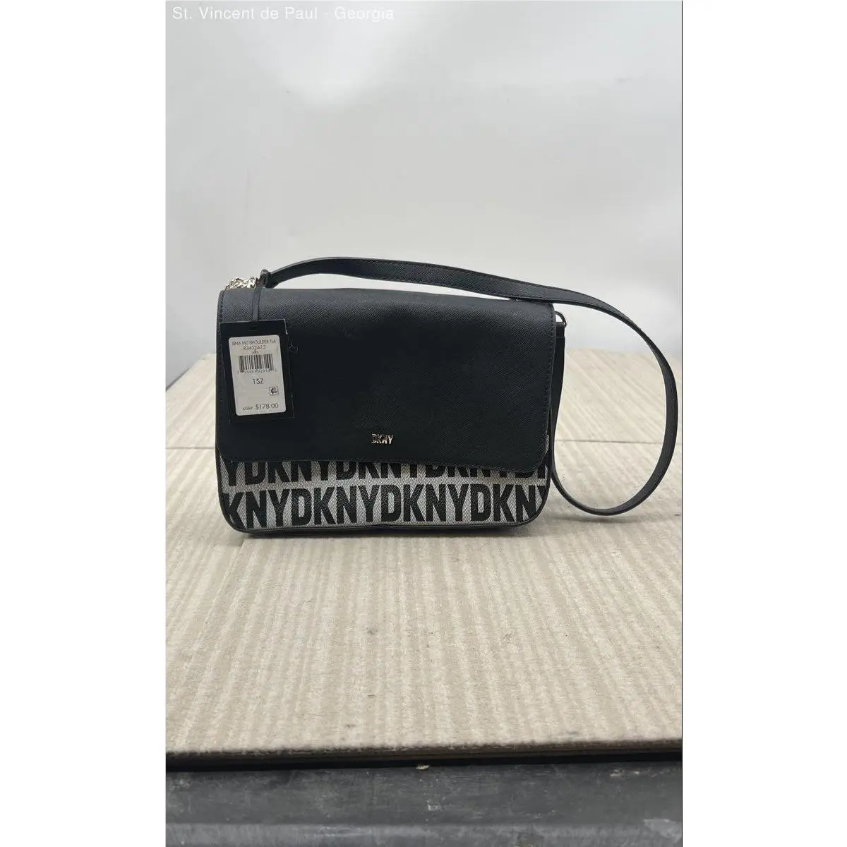 Dkny Sina Flap Shoulder Bag Black Gray Logo Purse Crossbody Adjustable Cha