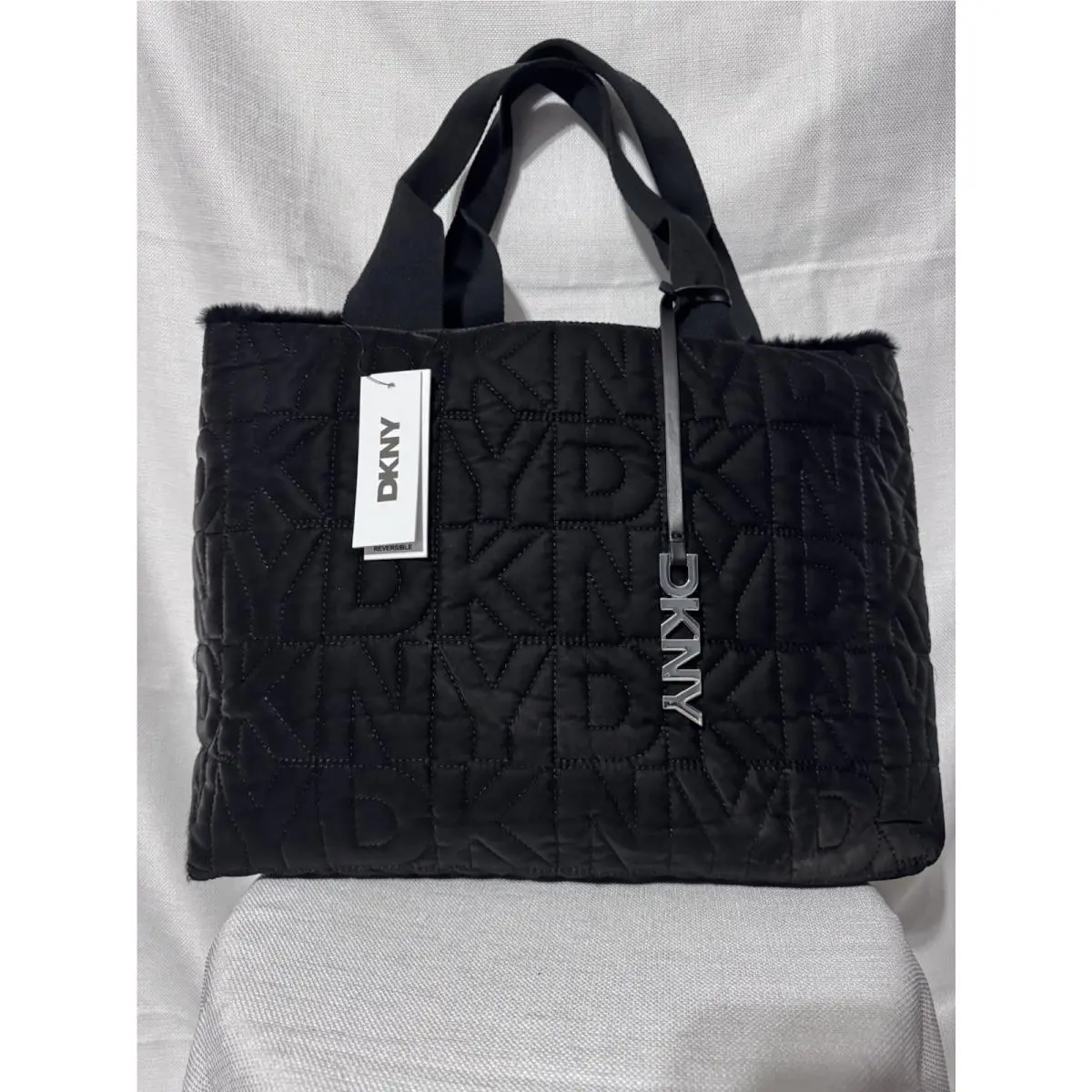 Dkny Black Reversible Large Tote Bag Handbag Purse Fur Quilted Handles