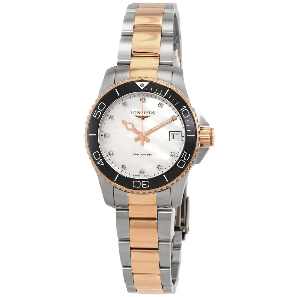 Longines Hydroconquest Quartz Diamond White Dial Ladies Watch L3.370.3.89.6 - Dial: White, Band: Silver, Pink, Bezel: Black